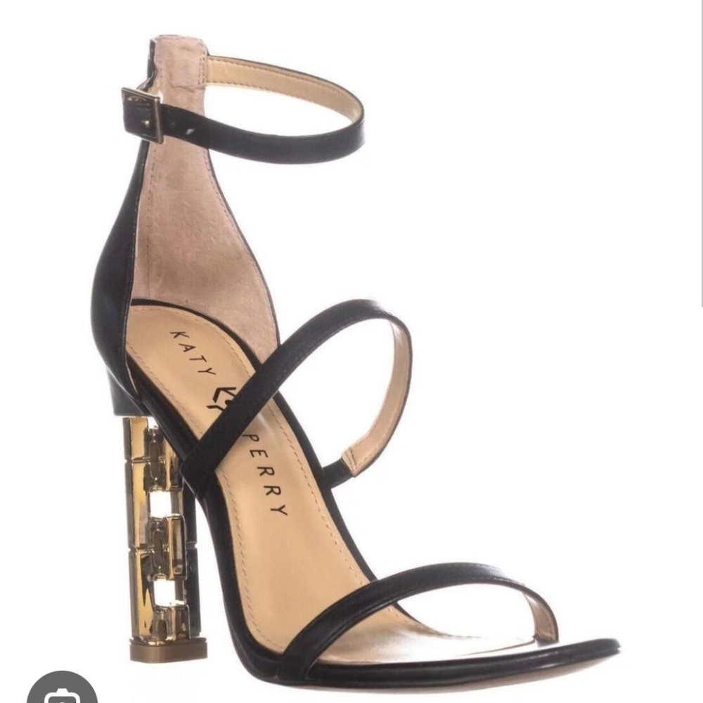 Katy Perry Vilan Gold Chain Heels Black Leather Sandals 10